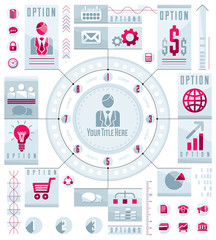 Infographics circular concept with lot of elements, circle divided with sectors and lines, vector illustration.