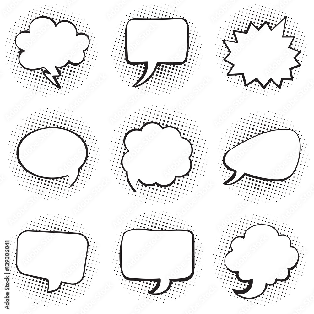 Aufkleber big set of blank template comic text speech chat bubble halftone dot background style pop art