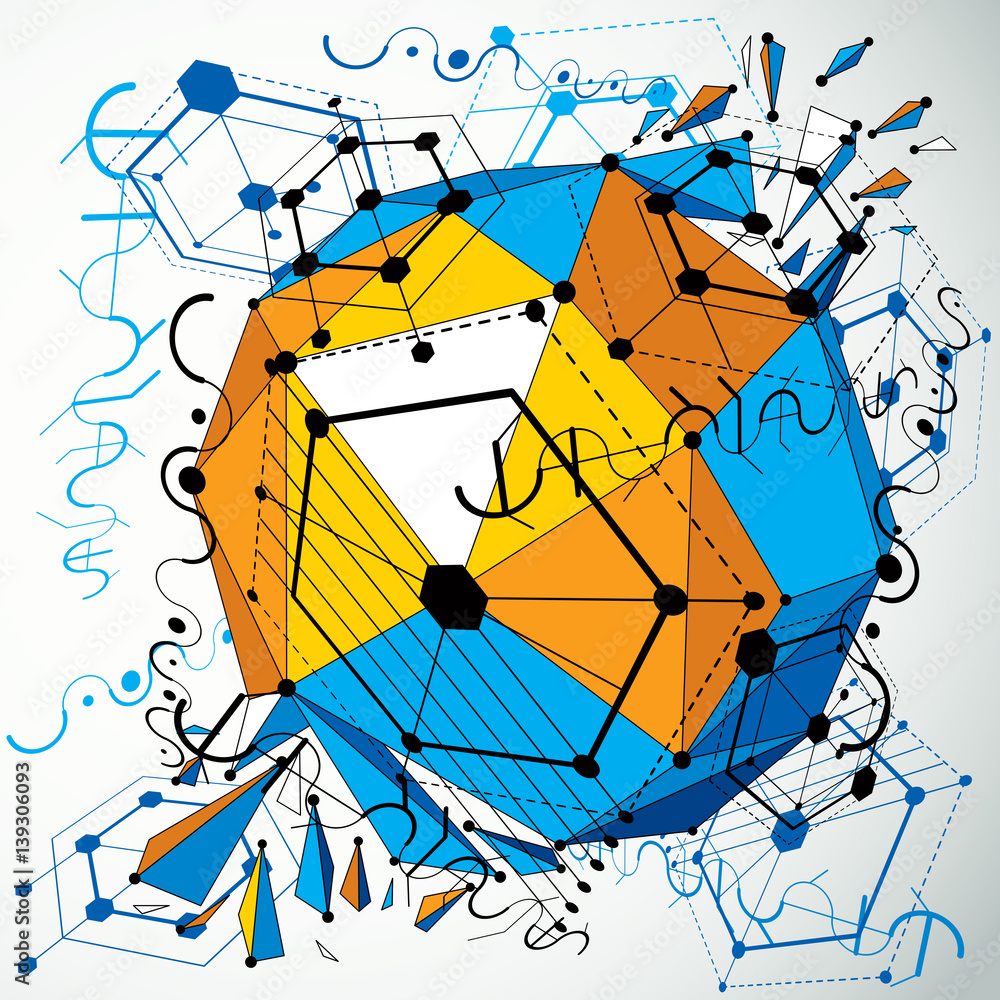 Poster geometric bauhaus 3d vector colorful background with low poly abstract demolished object created fro