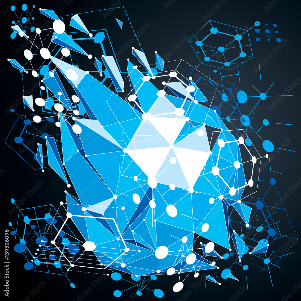 Poster geometric bauhaus 3d vector blue background with low poly abstract demolished object created from ci