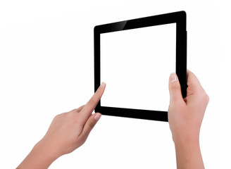 Hand holding a tablet computer with white screen. Woman hands showing empty screen of modern digital tablet. Hand holding tablet pc isolated on white background with blank screen.