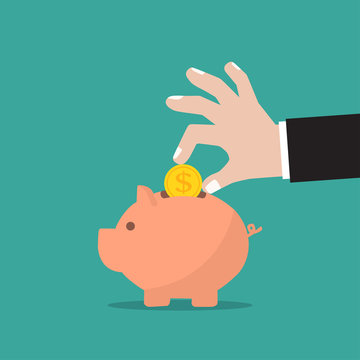 Piggy bank and businessman hand with coin in a flat design