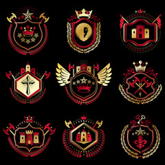 Set of vector vintage emblems created with decorative elements like crowns, stars, bird wings, armory and animals.  Collection of heraldic coat of arms.