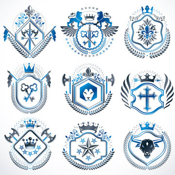 Set of vector retro vintage insignias created with design elements like medieval castles, armory, wild animals, imperial crowns. Collection of coat of arms.