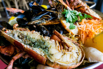 closeup mix seafood soup pot