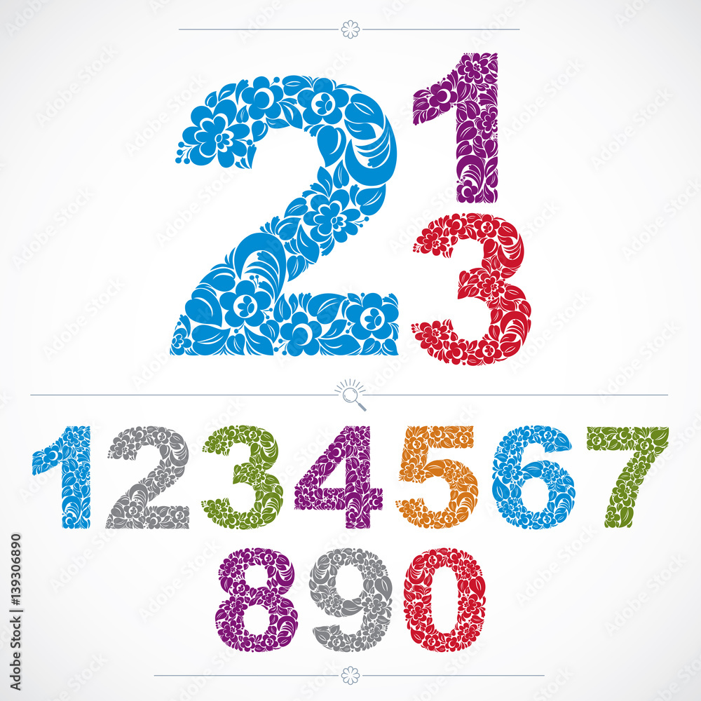 Poster set of vector ornate numbers, flower-patterned numeration. colorful characters created using herbal 