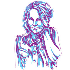 Vector art drawing, portrait of gorgeous flirting girl isolated on white. Facial expressions, people positive emotions, sexy lady with long wavy hair.