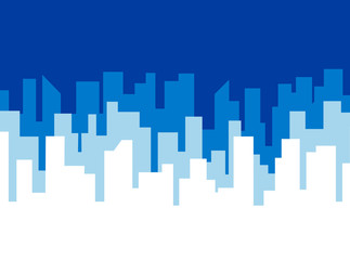 Poster vector template with blue city skyline. Lot of buildings silhouettes - banner concept for real estate agency. Flat style illustration
