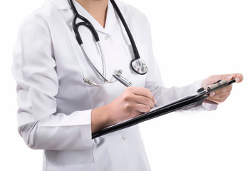 Female doctor hands holding tablet pcHand holding tablet pc isolated on white background with blank screen.