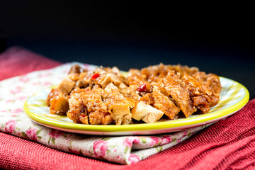 wok fried chicken stir fry with sweet peppers and chinese vegetables