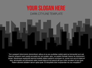 Fototapeta premium Poster vector template with dark city skyline. Lot of gray buildings silhouettes - banner concept for real estate agency. Flat style illustration with place for title, slogan and text