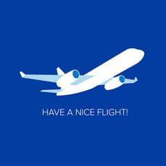 White jet airplane at navy blue background. Flat vector clip art. Greeting card or poster template - plain in the sky. With place for text.