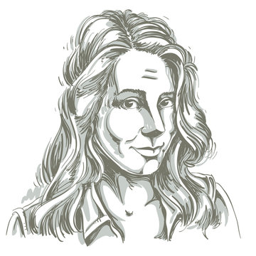 Monochrome vector hand-drawn image, naive young woman making innocent face. Black and white illustration of blameworthy girl, I am sorry.