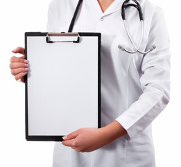 Results and information of treatment. Young female doctor holding empty folder with files of desease illness. Specialist point by pen blank clipboard. Woman in medical uniform with stethoscope.