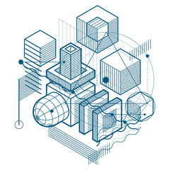 Abstract background with isometric lines, vector illustration. Template made with cubes, hexagons, squares, rectangles and different abstract elements.