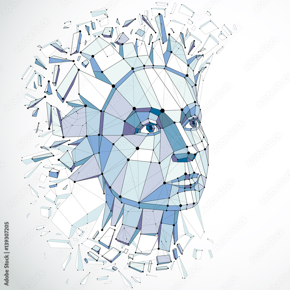 Poster 3d vector portrait created with lines mesh. intelligence allegory, blue low poly face with splinters