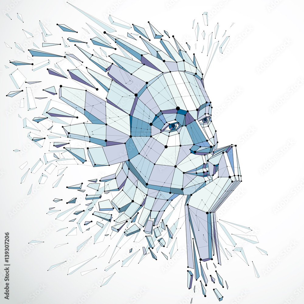 Poster smart person and mind concept, human head exploding and breaks into multiple fractures.3d vector ill