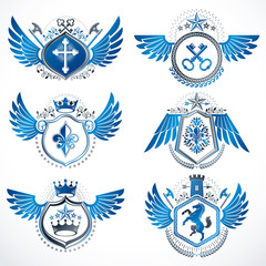 Collection of vector heraldic decorative coat of arms isolated on white and created using vintage design elements, monarch crowns, pentagonal stars, armory, wild animals.