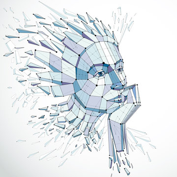Smart person and mind concept, human head exploding and breaks into multiple fractures.3d vector illustration of thoughtful woman face created in low poly modernized style and with lines mesh.
