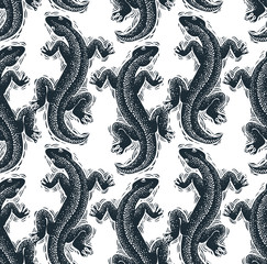 Vector reptilian seamless pattern, lizards top view continuous background. Rain forest fauna wallpaper for use in graphic design.