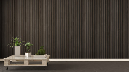 Empty room with diy pallet table and succulent potted plants on herringbone parquet, wooden wall, background interior designsign