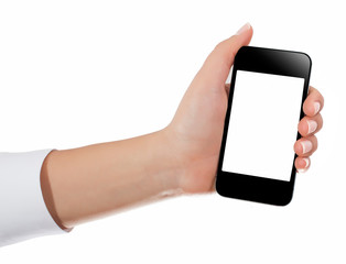 Hand with smart phone white screen isolated on white background with clipping path