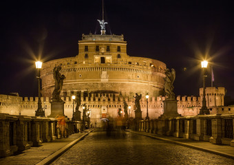 Plakat View of the Mausoleum of Hadrian, Saint Angelo castle, Castel Sant'Angelo (Castle of the Holy Angel) from the Ponte Sant'Angelo bridge in Rome, Italy with blue sky light.