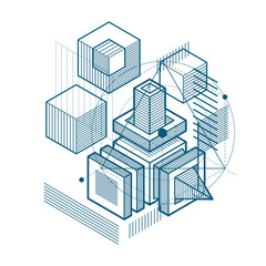 Isometric linear abstract vector background, lined abstraction. Cubes, hexagons, squares, rectangles and different abstract elements.