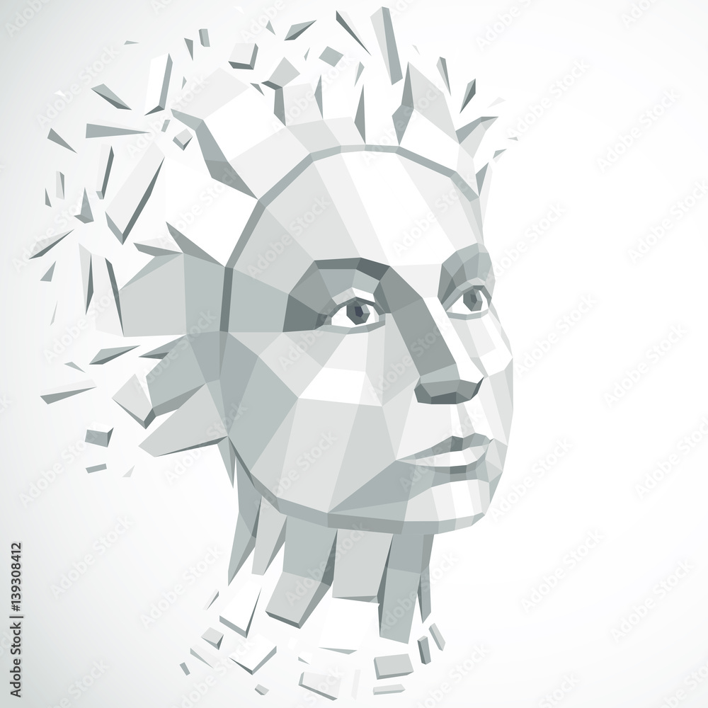 Poster face of a thinking woman created in low poly style, 3d vector grayscale human head, brain exploding 
