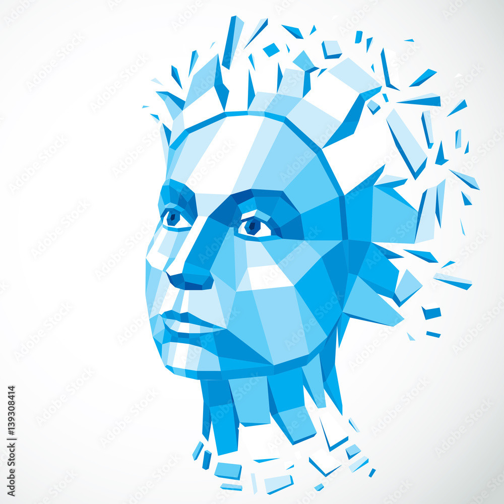 Poster vector dimensional low poly female portrait, blue graphic illustration of human head broken into fra