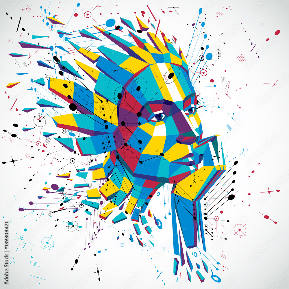 Poster artificial intelligence head, low poly style 3d vector wireframe shattered object. modernistic backg