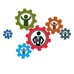 Successful Businessman and Leader creative logo, vector conceptual symbol isolated on white background. Special and unique sign. Gears and cogs system. Social leader.