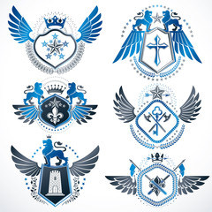Fototapeta na wymiar Vector classy heraldic Coat of Arms. Collection of blazons stylized in vintage design and created with graphic elements, royal crowns and flags, stars, towers, armory, religious crosses.