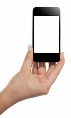 Hand with smart phone white screen isolated on white background with clipping path