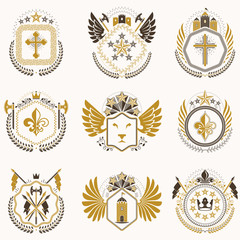 Set of vector vintage emblems created with decorative elements like crowns, stars, bird wings, armory and animals.  Collection of heraldic coat of arms.