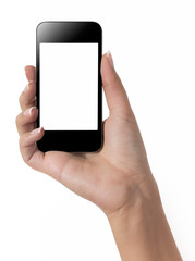 Hand with smart phone white screen isolated on white background with clipping path