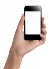 Hand with smart phone white screen isolated on white background with clipping path