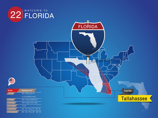 Sign of State American in Road Style on Map USA. FLORIDA State with Information Area Ranked & Capital City Name, vector art image illustration