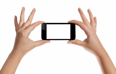 Hand with smart phone white screen isolated on white background with clipping path
