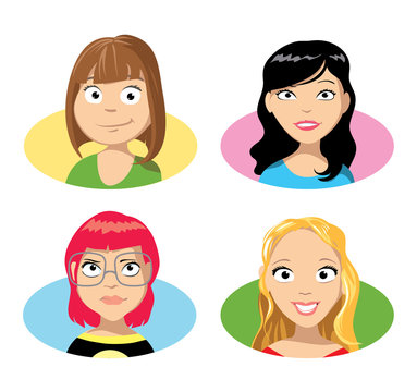 Set of different pretty girls faces. Cartoon vector illustration