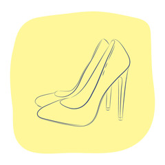 Elegant women s high-heeled shoes. Fashion accessories. Contour object on a yellow background. Vector sketch illustration in hand drawing style for your design.