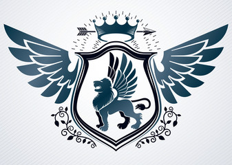 Vector retro insignia design decorated using vintage elements like monarch crown, eagle wings and wild lion illustration