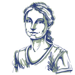 Artistic hand-drawn vector image, black and white portrait of delicate loving peaceful girl. Emotions theme illustration. Gentle and dreamy woman image.