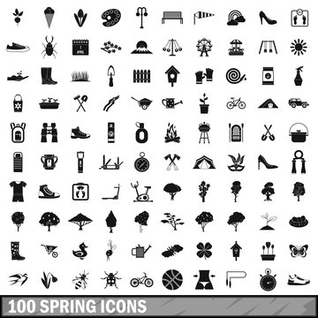 100 spring icons set in simple style 