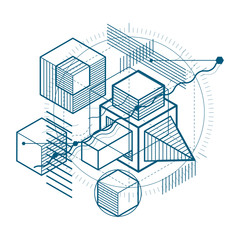 Abstract 3d shapes composition, vector isometric background. Composition of cubes, hexagons, squares, rectangles and different abstract elements.