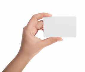 Woman hand hold virtual business card, credit card or blank paper isolated on white background.Clipping path included