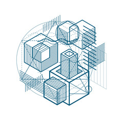 Isometric abstraction with lines and different elements, vector abstract background. Composition of cubes, hexagons, squares, rectangles and different abstract elements.