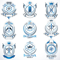 Heraldic Coat of Arms created with vintage vector elements, animals, towers, crowns and stars. Classy symbolic emblems collection, vector set.