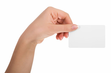Obraz premium Woman hand hold virtual business card, credit card or blank paper isolated on white background.Clipping path included