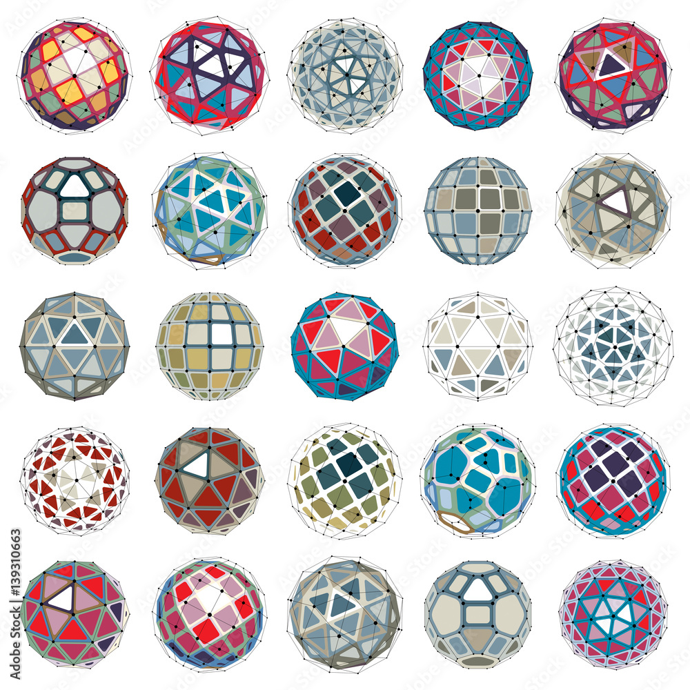 Fototapete set of vector dimensional wireframe low poly objects, spherical facet shapes with grid. technology 3